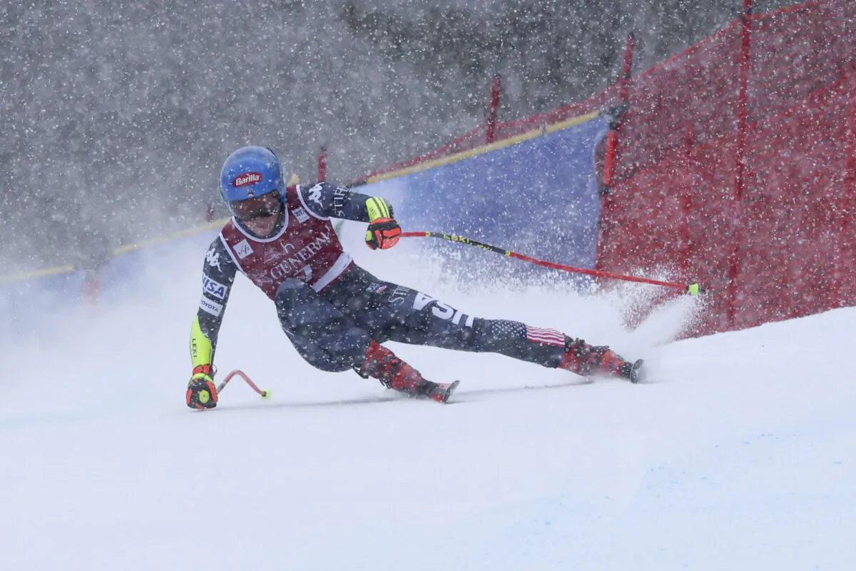 United States' Mikaela Shiffrin speeds down the course during an alpine ski, women's World Cup super G race, in Kvitfjell, Norway, on March 5, 2023. (Marco Trovati/AP Photo)