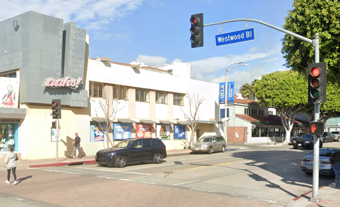 1100 block of Westwood Boulevard near University of California–Los Angeles in Los Angeles. (Screenshot via Google Street View)