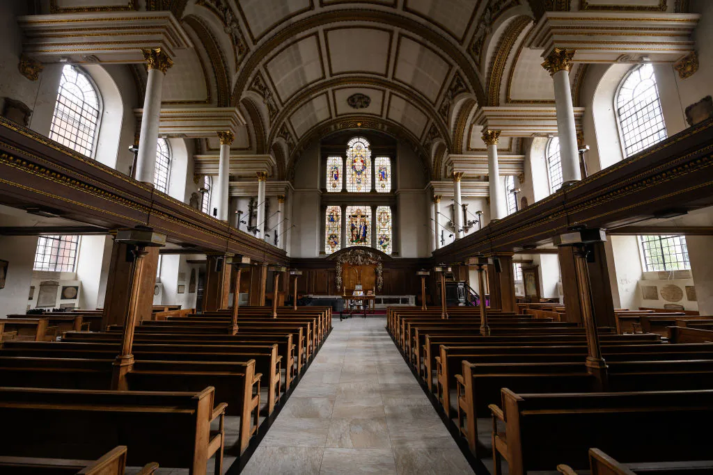 The reverend Lucy Winkett, rector of St. James's Piccadilly, delivers a service on Rogation Sunday via webcam to the church's congregation while the pews remain empty on May 17, 2020 in London, England. (Photo by Leon Neal/Getty Images)
