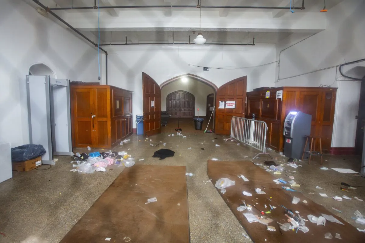 Debris in the main entrance of Main Street Armory in Rochester, N.Y., following a stampede on March 6, 2023. (Lauren Petracca/AP Photo)