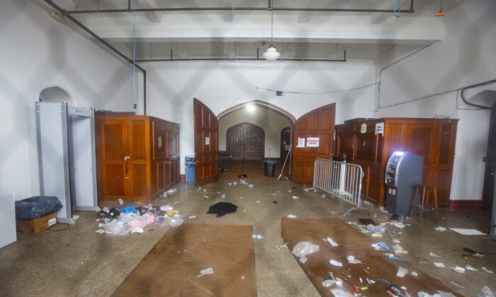 Debris in the main entrance of Main Street Armory in Rochester, N.Y., following a stampede on March 6, 2023. (Lauren Petracca/AP Photo)