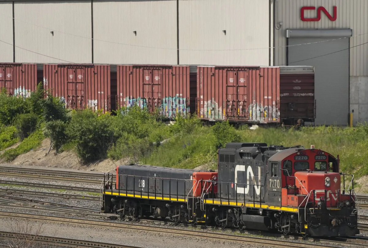 CN rail trains are shown at a train yard in Vaughan, Ont., on June 20, 2022. (The Canadian Press/Nathan Denette)