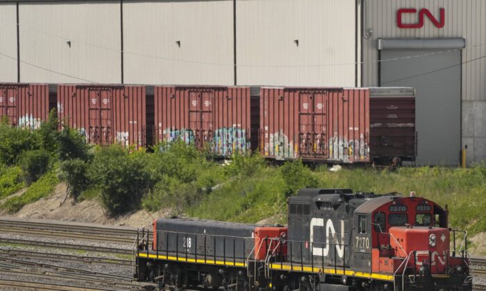 CN rail trains are shown at a train yard in Vaughan, Ont., on June 20, 2022. (The Canadian Press/Nathan Denette)