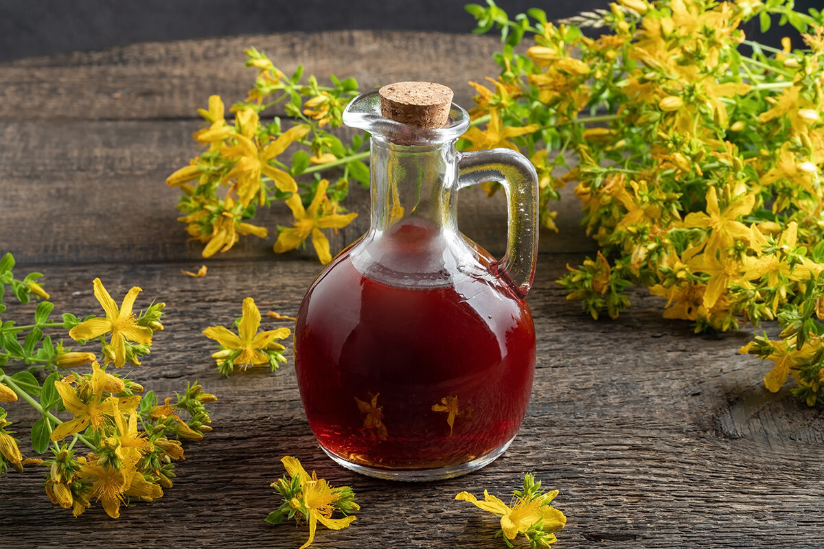 A bottle of St. John's wort oil—red oil.