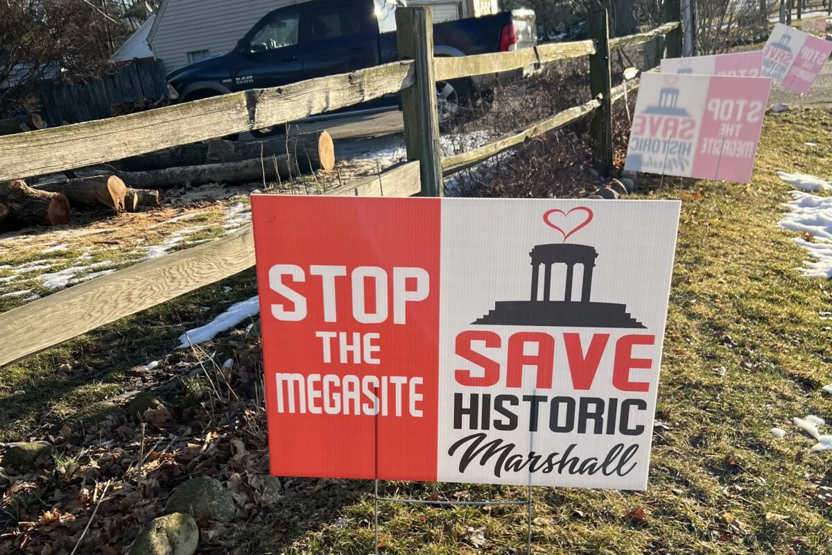 A sign calling for a halt to the new Ford EV battery plant on property in Marshall, Mich., on Mar. 7, 2023. Locals refer to the plant site as "megasite." (Courtesy of Fred Chapman)