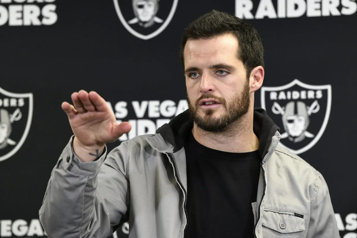 Las Vegas Raiders quarterback Derek Carr meets with reporters after an NFL football game against the Pittsburgh Steelers in Pittsburgh on Dec. 24, 2022. (Don Wright/AP Photo)