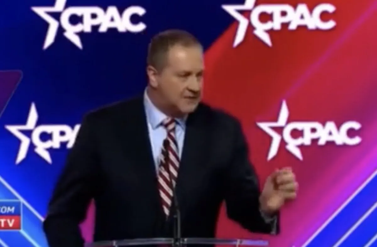 Sen. Eric Schmitt (R-Mo.) speaks at the Conservative Political Action Conference (CPAC) near Washington, on March 2, 2023. (Janice Hisle/The Epoch Times vis NTD video)