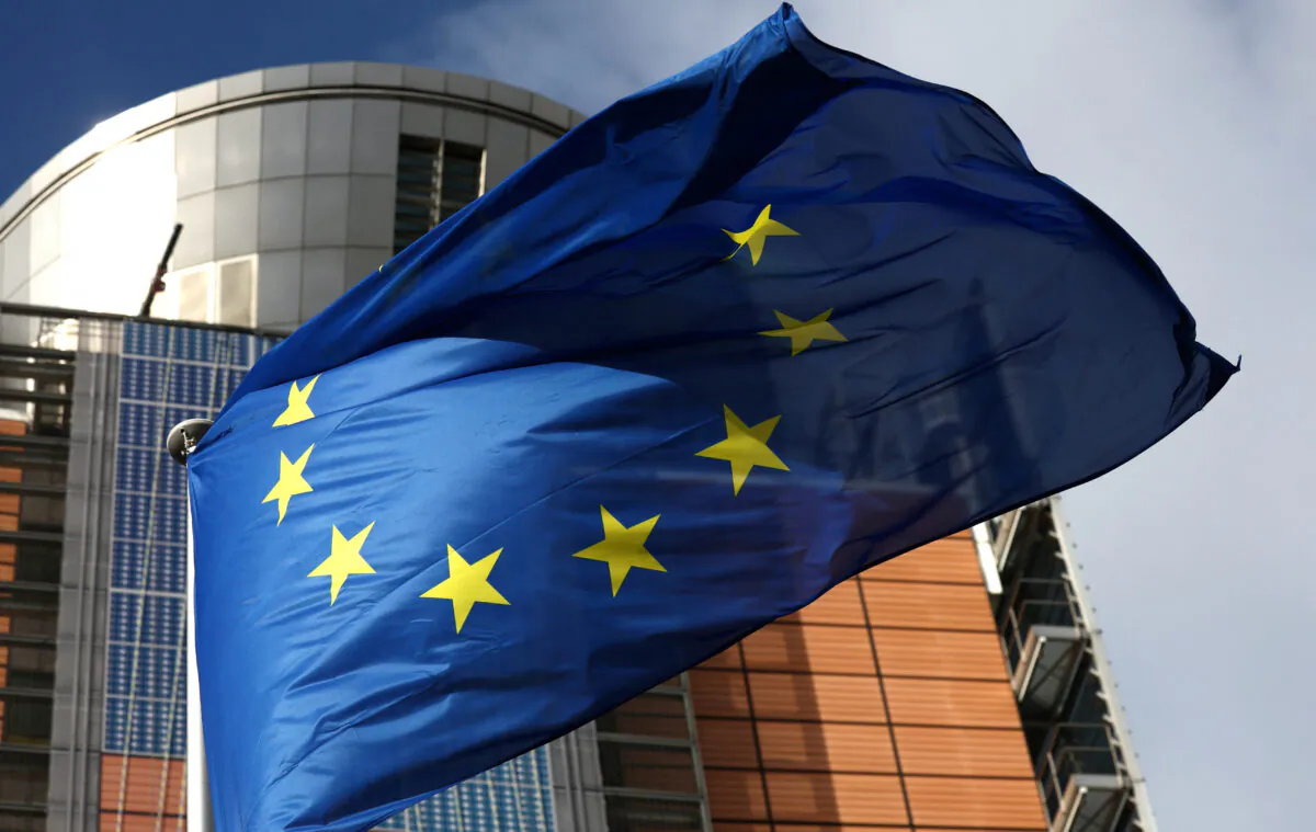 A European Union flag flutters outside the EU Commission headquarters in Brussels on Feb. 1, 2023. (Yves Herman/Reuters)