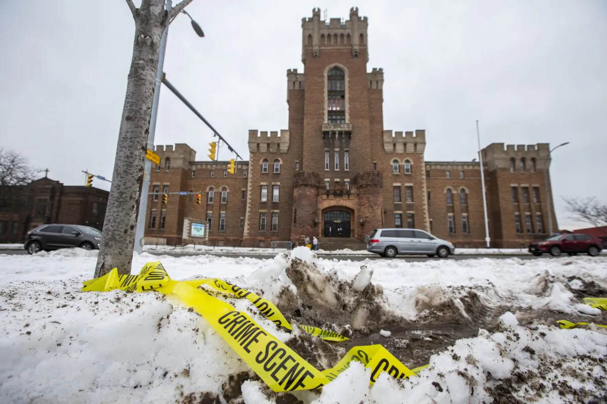 Police tape remains on the ground outside of the Main Street Armory in Rochester, N.Y. on March 6, 2023. (Lauren Petracca/AP Photo)