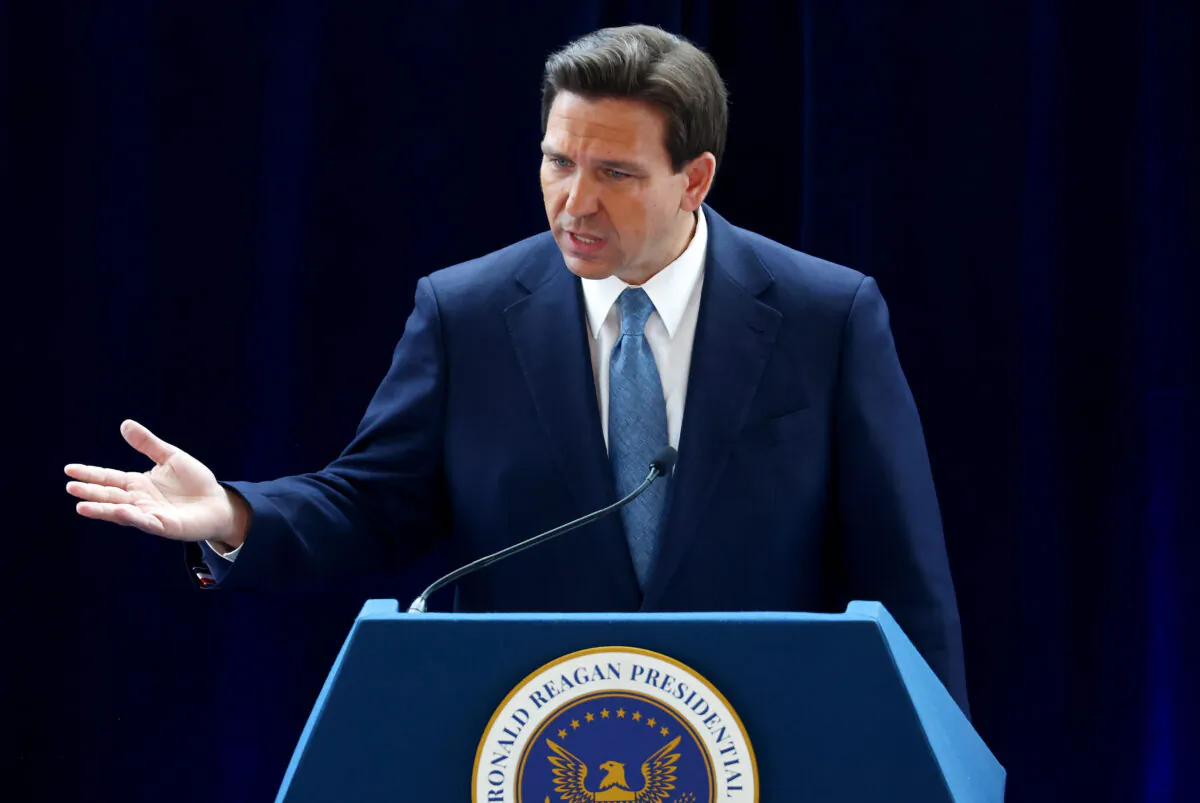 Florida Governor Ron DeSantis speaks about his new book "The Courage to Be Free" in the Air Force One Pavilion at the Ronald Reagan Presidential Library in Simi Valley, Calif., on March 5, 2023. (Mario Tama/Getty Images)