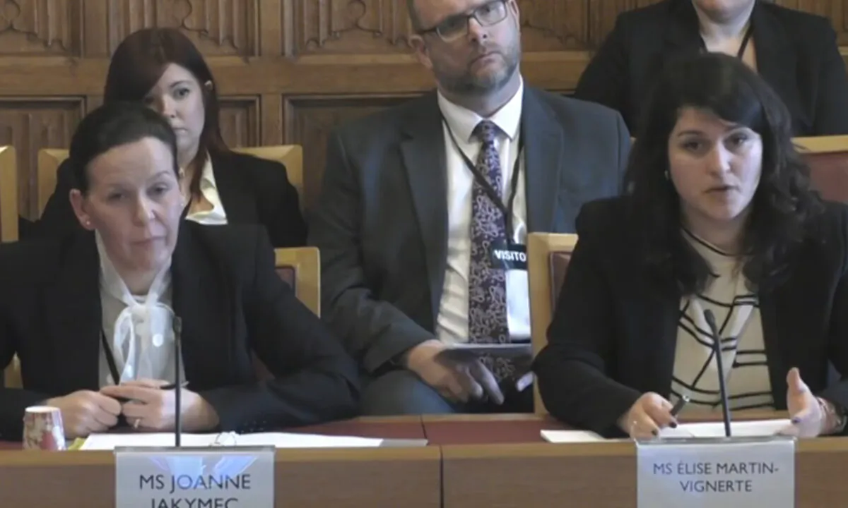 Joanne Jakymec, head of the Crown Prosecution Service’s International, London, and South-East Division (L) and Élise Martin-Vignerte, a member of the European Criminal Bar Association, give evidence to the House of Lords Justice and Home Affairs Committee in London on March 7, 2023. (Screenshot via The Epoch Times)