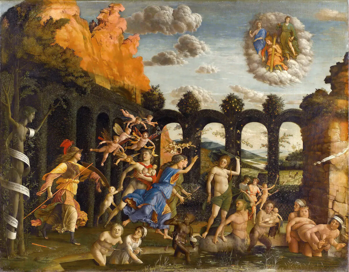 Mantegna's painting encourages us to remove our flaws so our virtues can develop. "Minerva Expelling the Vices from the Garden of Virtue," circa A.D. 1502, by Andrea Mantegna. Oil on canvas 5.25 feet by 6.3 feet. The Louvre. (Public Domain)