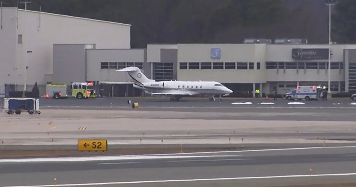 A Bombardier Challenger 300 diverted to Bradley International Airport in Windsor Locks, Conn., on March 3, 2023, after experiencing turbulence in flight. (NBC Connecticut via AP)
