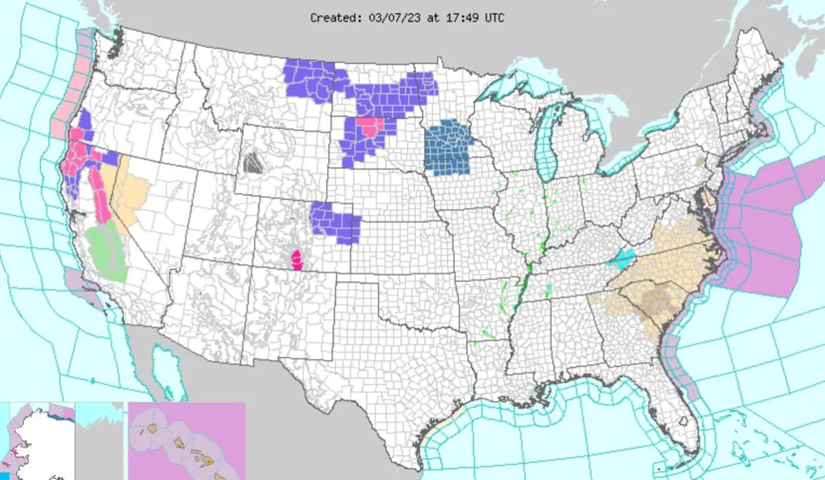 Forecasters warned Tuesday that much of California may be hit with another "atmospheric river" storm system that will produce heavy rain in some areas that were hit hard by flooding over the past winter. Winter storm warnings are shown in pink, while winter storm watches are shown in purple. (Weather.gov.)