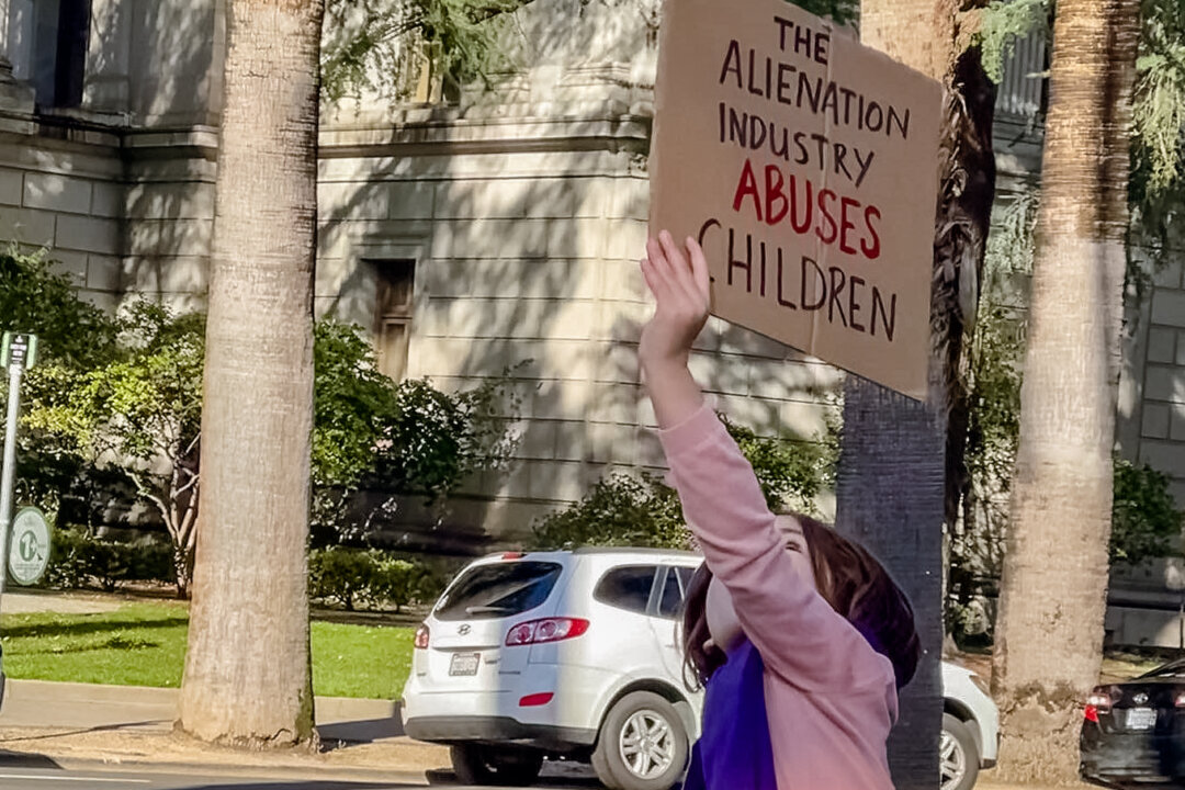 A child holds a sign outside of a courthouse as part of a protest against court-ordered reunification therapy. (Courtesy of Alienation Industry)
