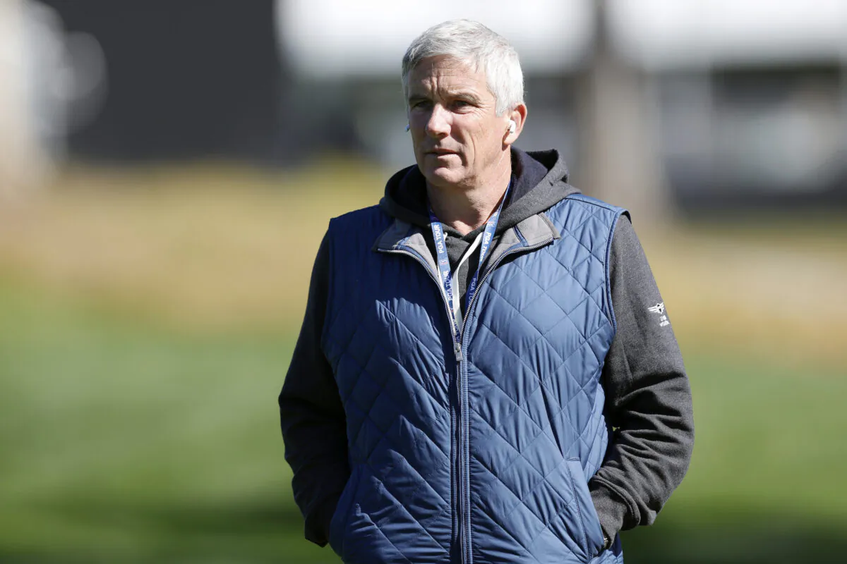 PGA Commissioner Jay Monahan walks along the 17th hole during the pro-am of the Genesis Invitational golf tournament at Riviera Country Club, in the Pacific Palisades area of Los Angeles on Feb. 15, 2023. (Ryan Kang/AP Photo)