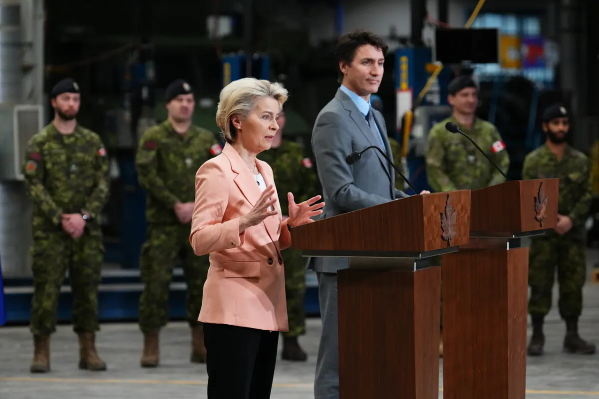 European Commission President Ursula von der Leyen and Prime Minister Justin Trudeau take part in a joint media availability at CFB Kingston in Kingston, Ont., on March 7, 2023, a day before arriving in Washington and meeting with President Joe Biden on March 10. (The Canadian Press/Sean Kilpatrick)