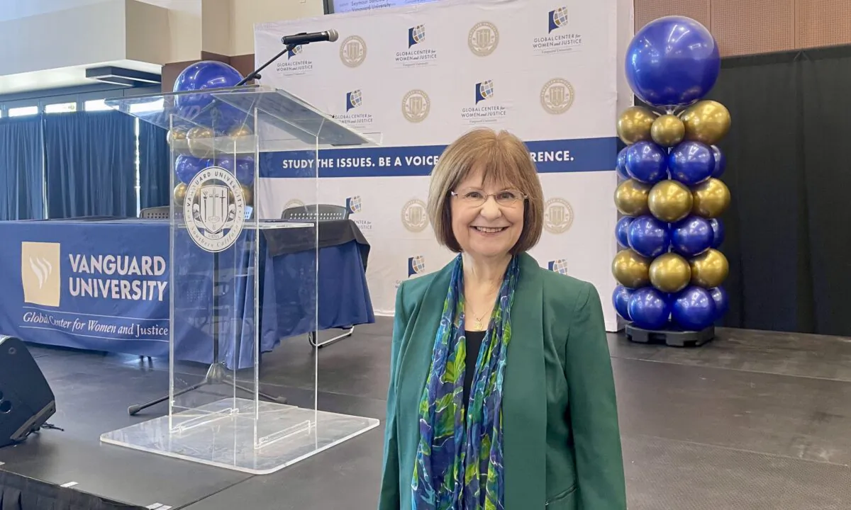 Dr. Sandie Morgan, head of the Global Center for Women and Justice, speaks at a conference on human trafficking, at Vanguard University in Costa Mesa, Calif., on March 3, 2023. (Carol Cassis/The Epoch Times)