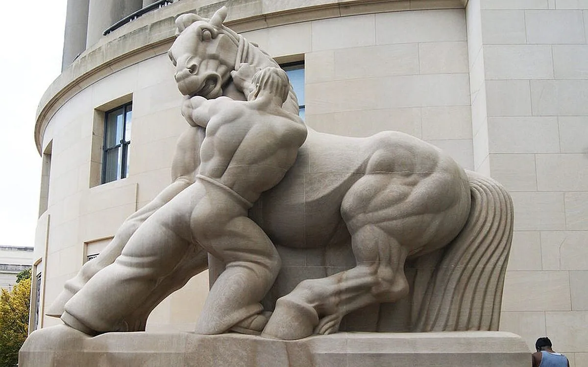 The sculpture "Man Controlling Trade" (1942) by New York sculptor Michael Lantz is seen outside of the Federal Trade Commission building in a file photo. (FTC.gov)