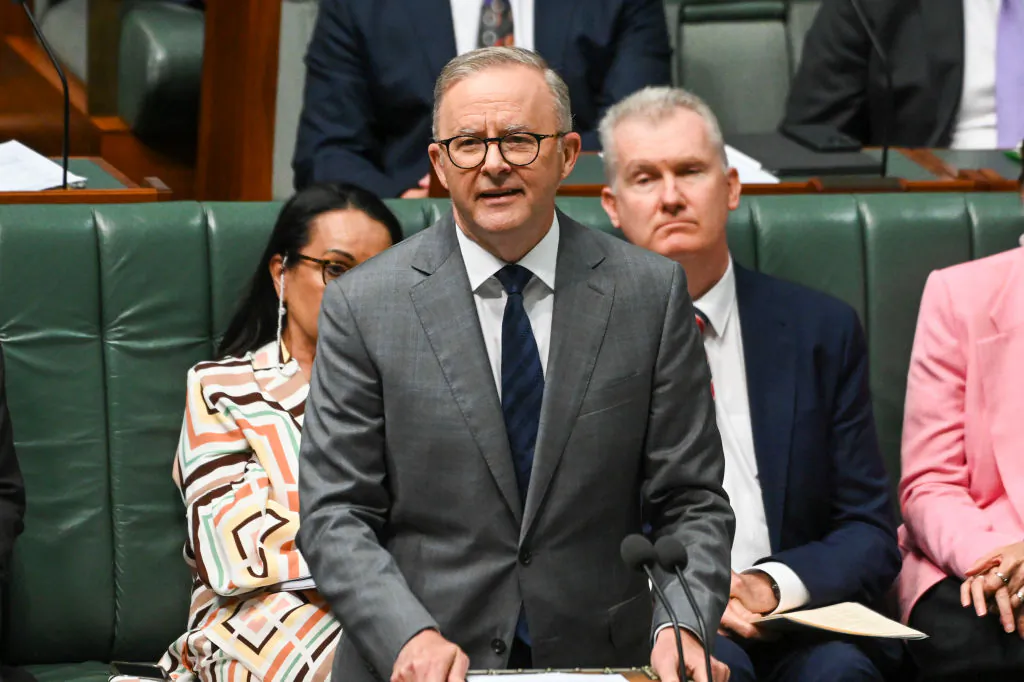 Prime Minister of Australia Anthony Albanese makes a statement in the House of Representatives at Parliament House in Canberra, Australia, on Feb. 13, 2023. (Martin Ollman/Getty Images)