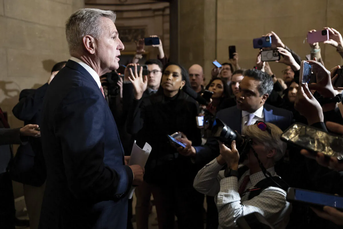 Speaker of the House Kevin McCarthy (R-Calif.) speaks to reporters outside of his office in the U.S. Capitol Building in Washington, on March 07, 2023. (Anna Moneymaker/Getty Images)