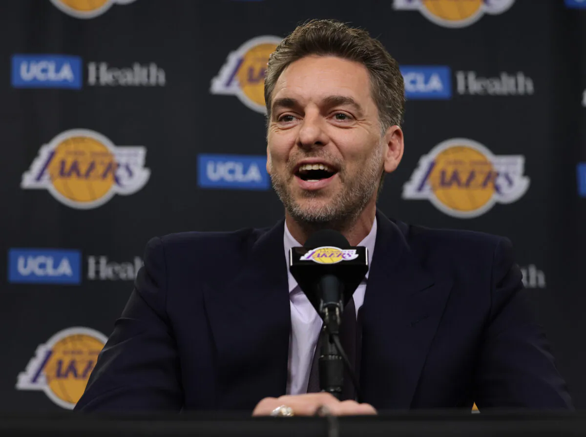 Former Los Angeles Lakers Pau Gasol (16) speaks to the media during a press conference before his jersey retirement ceremony taking place at halftime in the game between the Memphis Grizzlies and the Los Angeles Lakers in Los Angeles on March 7, 2023. (Harry How/Getty Images)