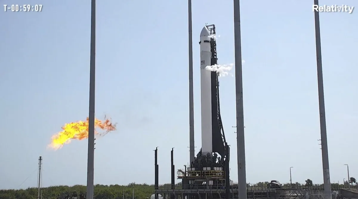 Relativity Space's Terran 1 rocket on the launch pad in Cape Canaveral, Fla., on March 8, 2023. (Relativity Space via AP)