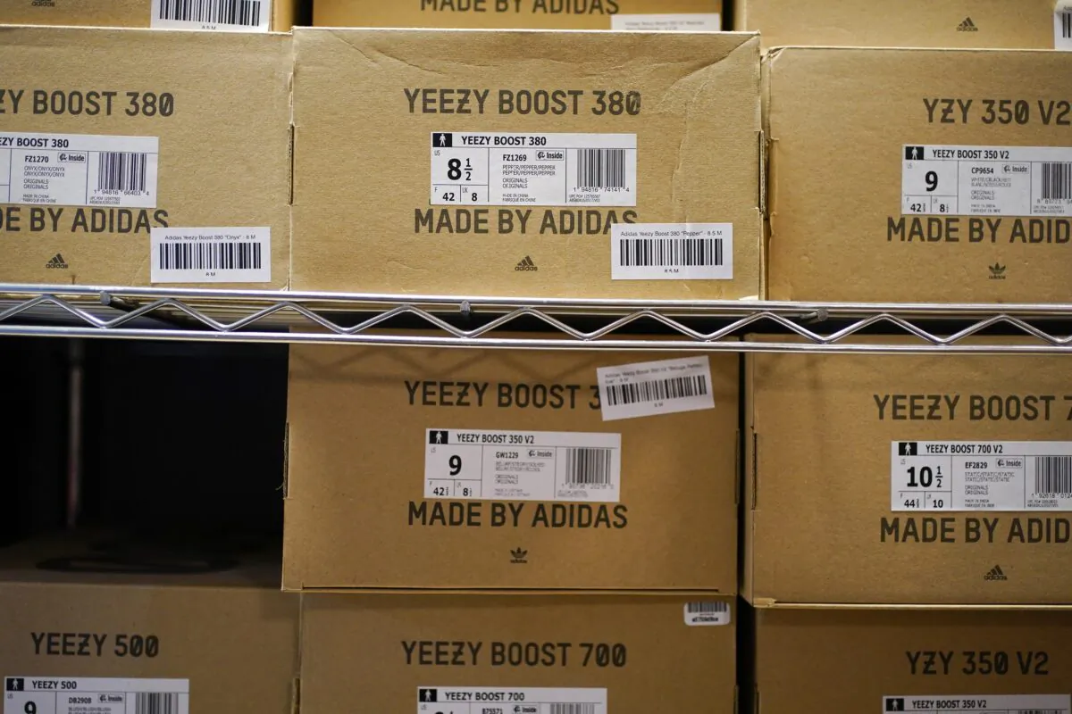 Boxes containing Yeezy shoes made by Adidas are seen at Laced Up, a sneaker resale store, in Paramus, N.J., on Oct. 25, 2022. (Seth Wenig/AP Photo)