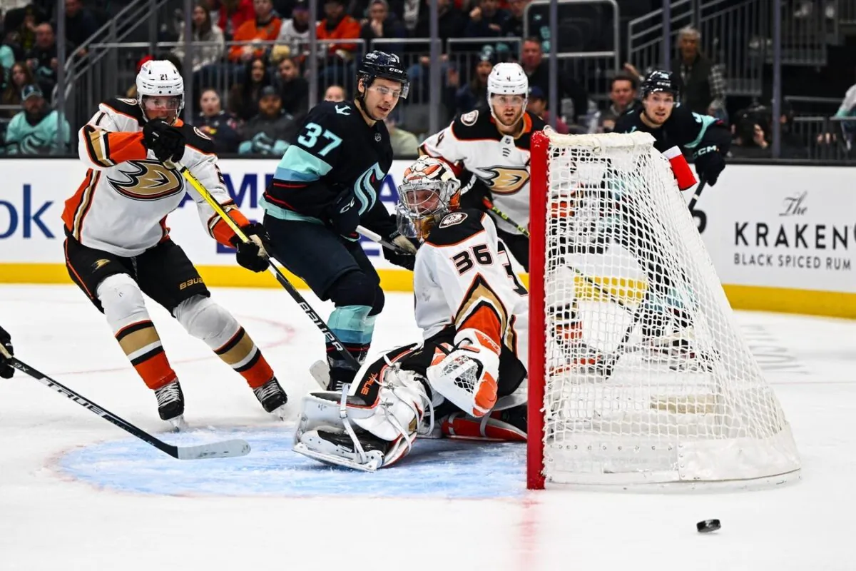 Anaheim Ducks goaltender John Gibson (36) defends the goal against the Seattle Kraken during the second period at Climate Pledge Arena in Seattle on March 7, 2023. (Steven Bisig/USA TODAY Sports via Field Level Media)