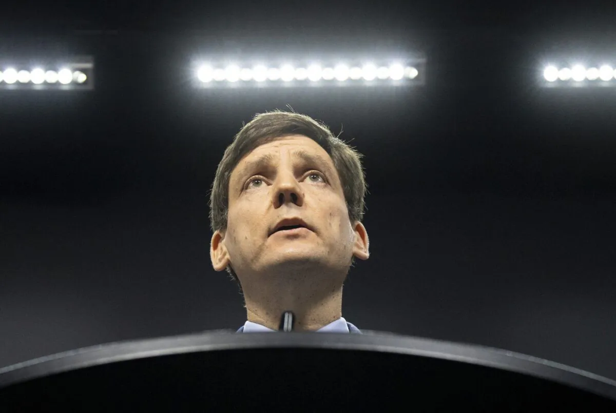 B.C. Premier David Eby speaks with media during a news conference on Parliament Hill, Feb. 1, 2023 in Ottawa. (The Canadian Press/Adrian Wyld)
