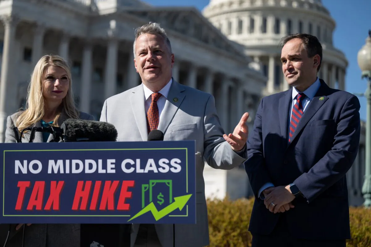 Rep. Wiley Nickel (D-N.C.) (R), Rep. Eric Sorensen (D-Ill.) (C), and Rep. Brittany Pettersen (D-Colo.) speak to reporters about the national sales tax disapproval resolution outside the U.S. Capitol on Mar. 8, 2023. (Courtesy Eric Sorensen) 