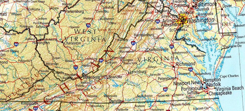 Virginia Karte; portion of "The National Atlas of the United States of America. General Reference," compiled by U.S. Geological Survey 2001, printed 2002. (U.S. government/Perry Castañeda Library)