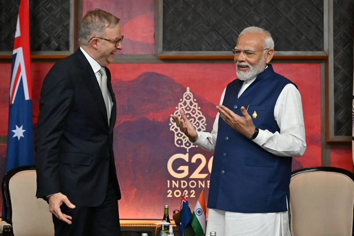 Australia’s Prime Minister Anthony Albanese meets India’s Prime Minister Narendra Modi during the 2022 G20 summit in Nusa Dua, Bali, Indonesia, on Nov. 16, 2022. (AAP Image/Mick Tsikas)