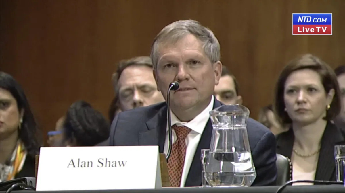 Alan Shaw, President and CEO of Norfolk Southern Corporation, speaks during a hearing with the Senate Environment and Public Works Committee on Capitol Hill in Washington on March 9, 2023, in a still from video. (Senate Environment and Public Works Committee/Screenshot via NTD)