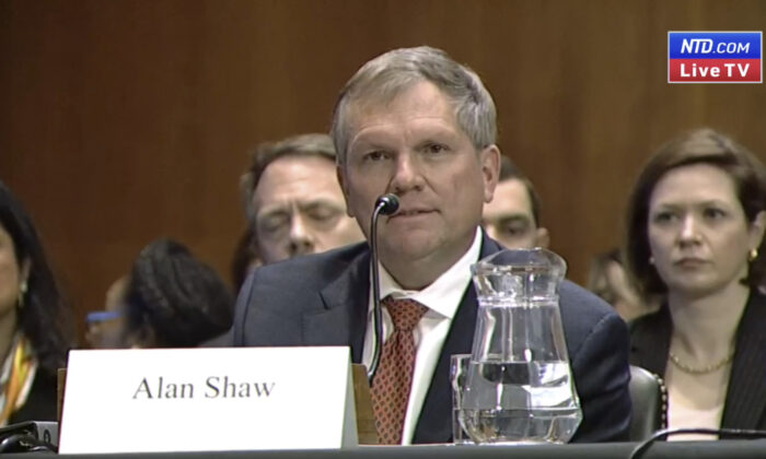 Alan Shaw, President and CEO of Norfolk Southern Corporation, speaks during a hearing with the Senate Environment and Public Works Committee on Capitol Hill in Washington on March 9, 2023, in a still from video. (Senate Environment and Public Works Committee/Screenshot via NTD)