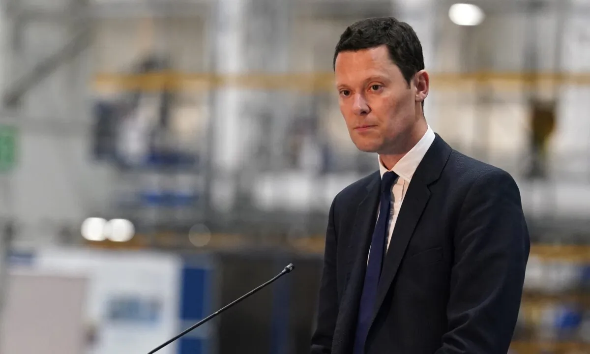 Alex Chalk, minister for defence procurement, makes a speech ahead of the first cut of steel for the Royal Navy frigate, HMS Active, at Rosyth Dockyard on the Firth of Forth at Rosyth, Fife, on Jan. 24, 2023. (Andrew Milligan/PA)
