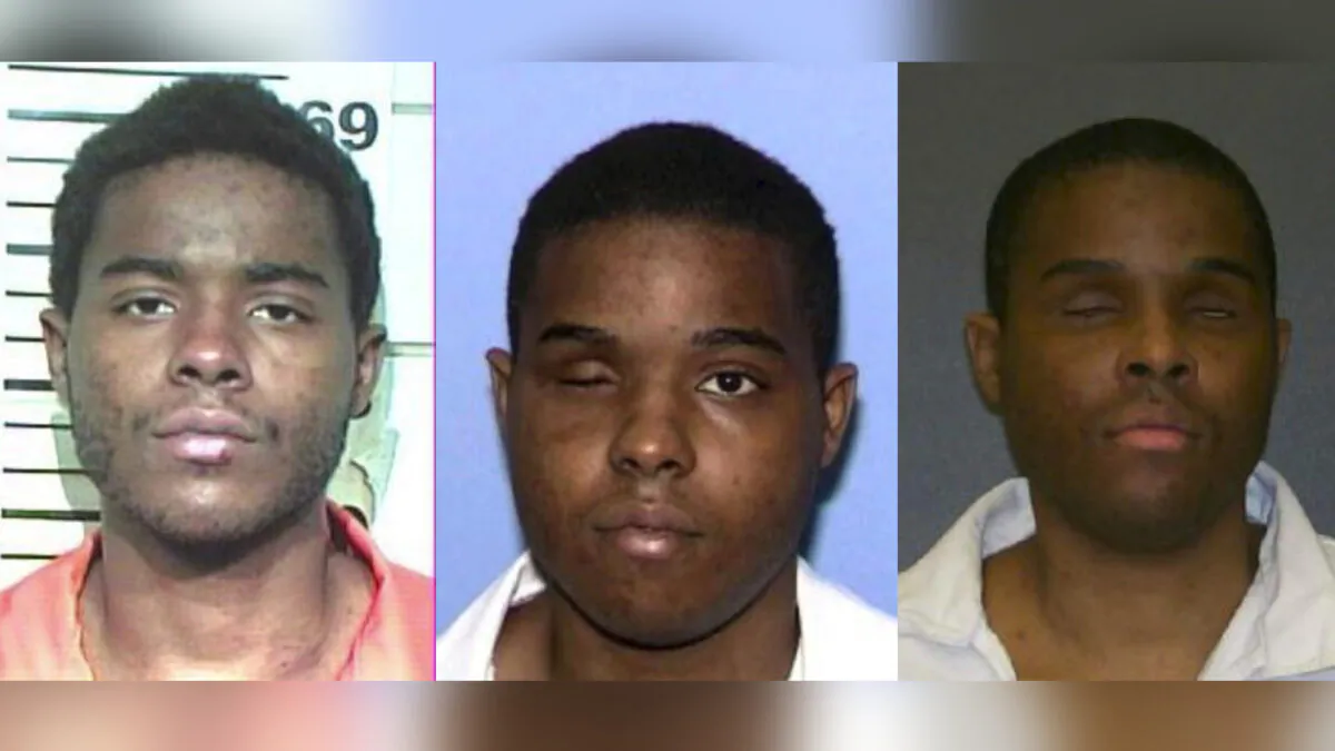 Bookings photos of death row inmate Andre Thomas from Grayson County Jail (L) and the Texas Department of Criminal Justice, (C) and (R). (Courtesy Maurie Levin via AP)