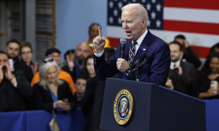 President Joe Biden talks about his proposed 2024 federal budget during an event at the Finishing Trades Institute in Philadelphia on March 9, 2023. (Chip Somodevilla/Getty Images)