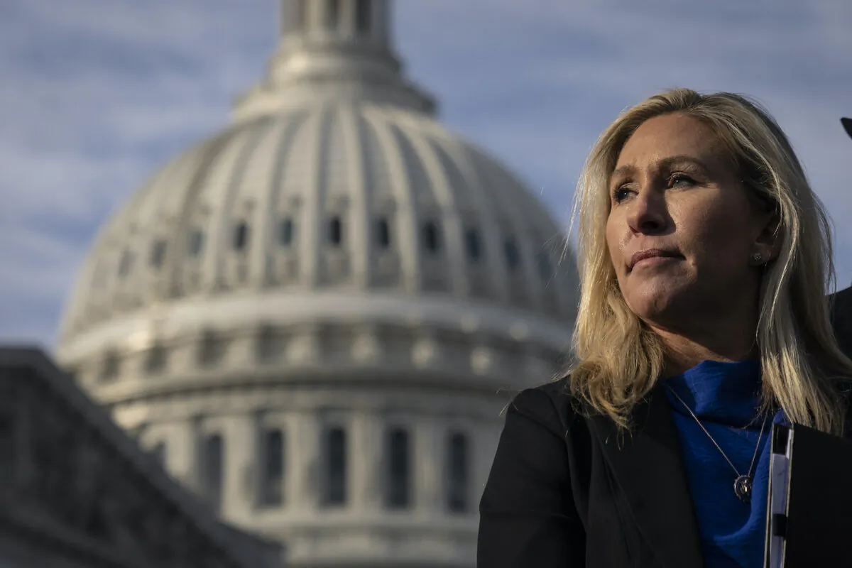 Rep. Marjorie Taylor Greene (R-Ga.) waits to speak during a news conference outside the U.S. Capitol in Washington on Feb. 1, 2023. (Drew Angerer/Getty Images)