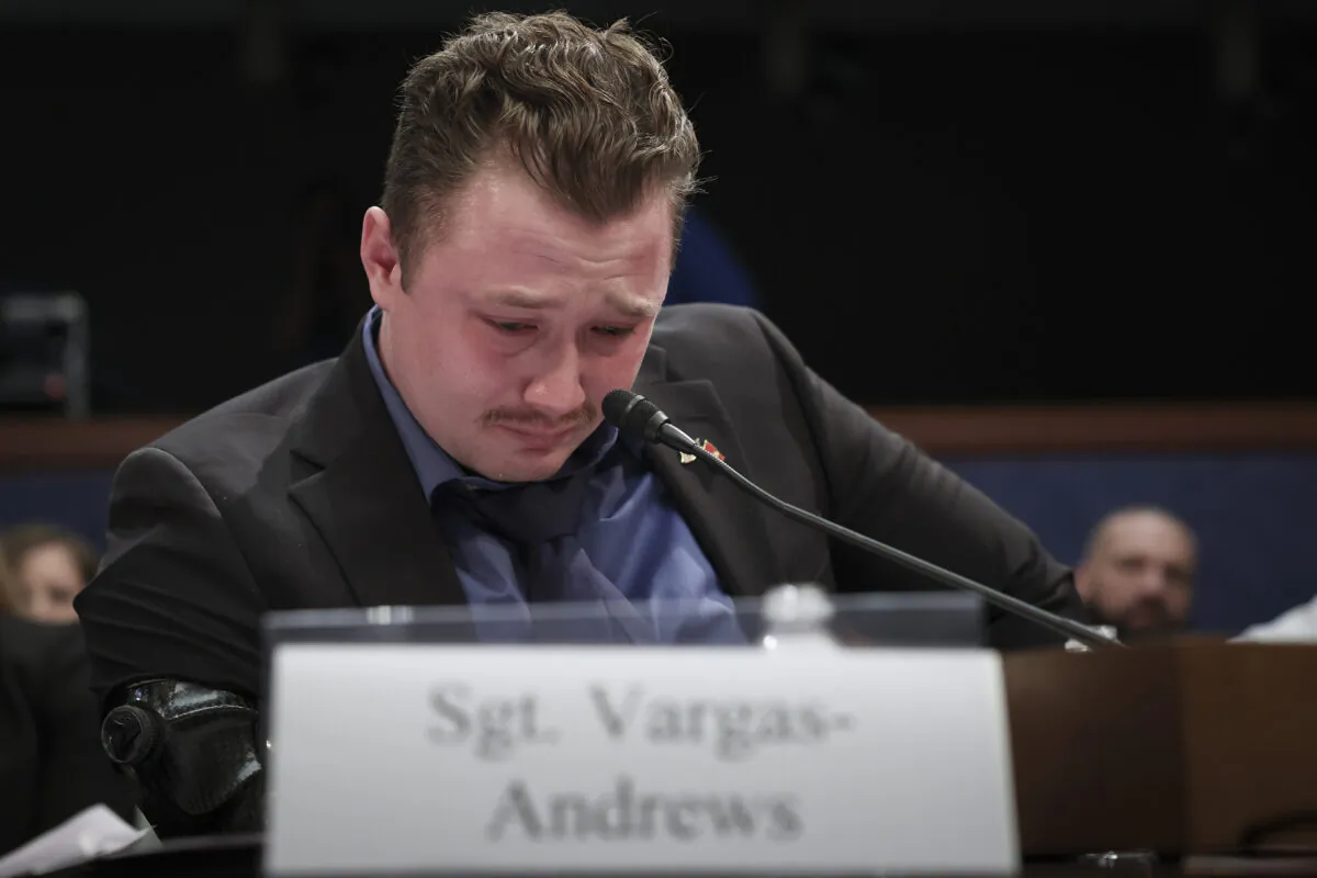 WASHINGTON, DC - MARCH 08: U.S. Marine Corps. Sergeant Tyler Vargas-Andrews testifies before the House Foreign Affairs Committee at the U.S. Capitol on March 08, 2023 in Washington, DC. The Committee held the hearing to examine the U.S. military withdrawal from Afghanistan and the emergency evacuation from Kabul. Vargas-Andrews was severely wounded while defending an attack on Hamid Karzai International Airport while U.S. forces withdrew. (Photo by Win McNamee/Getty Images)