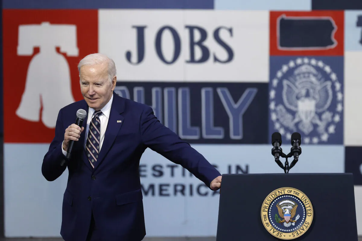 President Joe Biden talks about his proposed FY2024 federal budget during an event at the Finishing Trades Institute in Philadelphia, Pennsylvania, on March 9, 2023. (Chip Somodevilla/Getty Images)