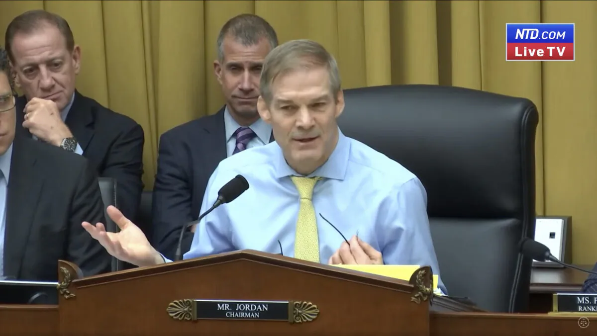 House Judiciary Committee Jim Jordan (R-Ohio) speaks at the Select Subcommittee on the Weaponization of the Federal Government hearing on “The Twitter Files” in Washington on March 9, 2023, in a still from video. (House Judiciary Committee/Screenshot via NTD)