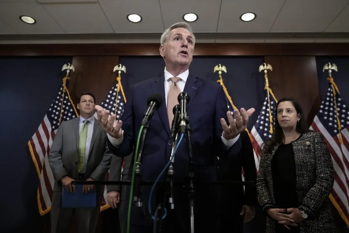 Speaker of the House Kevin McCarthy (R-Calif.) speaks during a news conference after a budget briefing at the U.S. Capitol in Washington on March 8, 2023. (Drew Angerer/Getty Images)