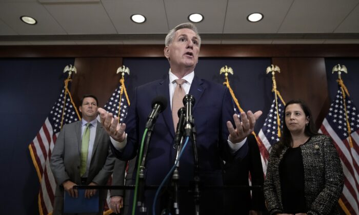 Speaker of the House Kevin McCarthy (R-Calif.) speaks during a news conference after a budget briefing at the U.S. Capitol in Washington on March 8, 2023. (Drew Angerer/Getty Images)