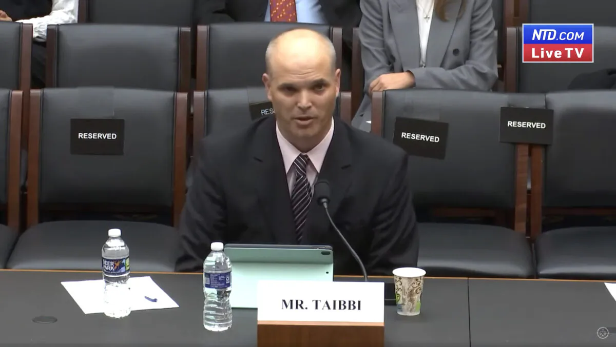 Journalist Matt Taibbi testifies at the Select Subcommittee on the Weaponization of the Federal Government hearing on “The Twitter Files” in Washington on March 9, 2023, in a still from video. (House Judiciary Committee/Screenshot via NTD)