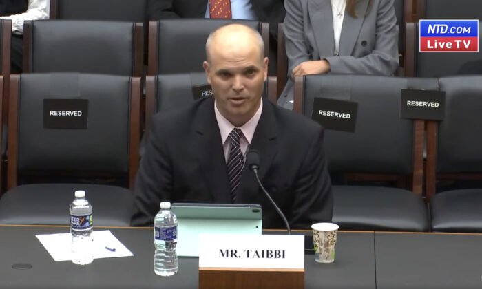 Journalist Matt Taibbi testifies at the Select Subcommittee on the Weaponization of the Federal Government hearing on “The Twitter Files” in Washington on March 9, 2023, in a still from video. (House Judiciary Committee/Screenshot via NTD)