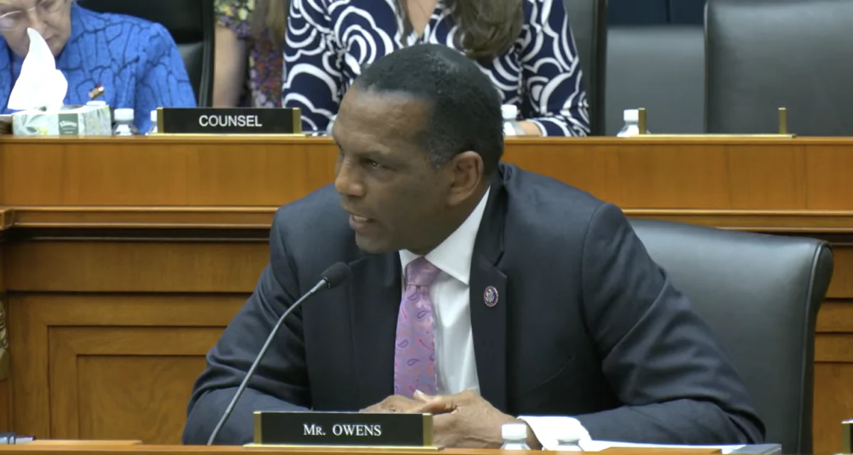 Rep. Burgess Owens (R-Utah) speaks during a congressional committee hearing in Washington, D.C., on March 8, 2023. (Janice Hisle/The Epoch Times via screenshot of live video)