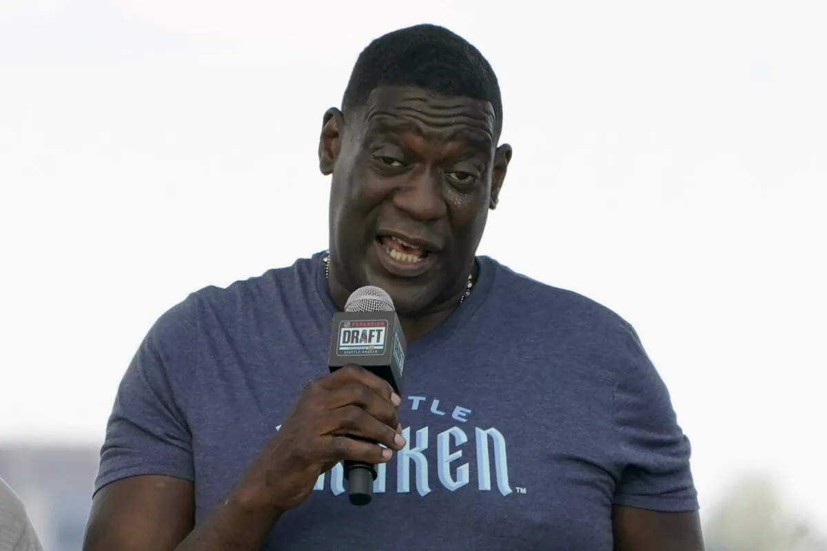 Former NBA basketball player Shawn Kemp speaks during the Seattle Kraken's NHL hockey expansion draft event in Seattle on July 21, 2021. (Ted S. Warren/AP Photo)
