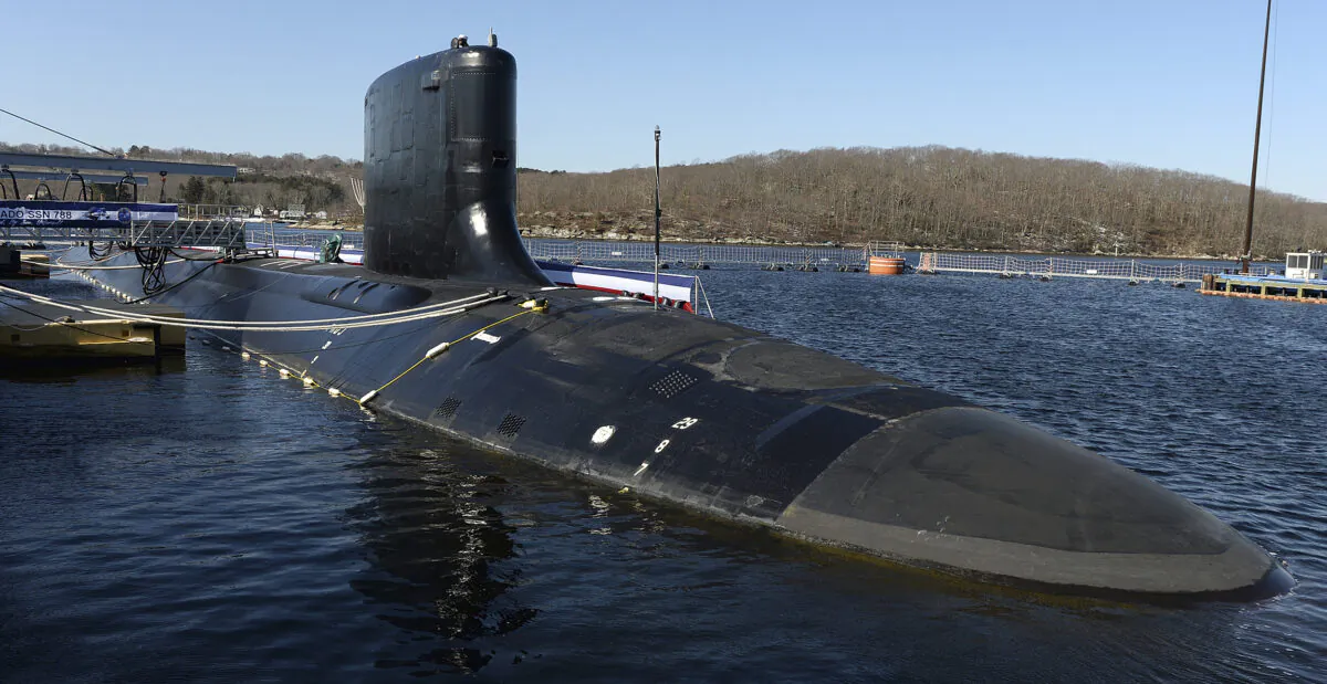 The Virginia-class fast attack submarine USS Colorado (SSN 788) is seen before at the commissioning ceremony at Naval Submarine Base New London in Groton, Conn., on March 17, 2018. (Dana Jensen/The Day via AP)