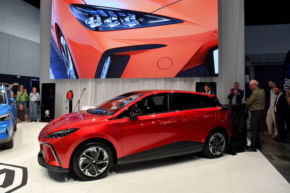 The new MG4 all- electric car is unveiled at the Fully Charged Live convention at the ICC Sydney Theatre in Sydney, Mar 10, 2023. (AAP Image/Bianca De Marchi) 